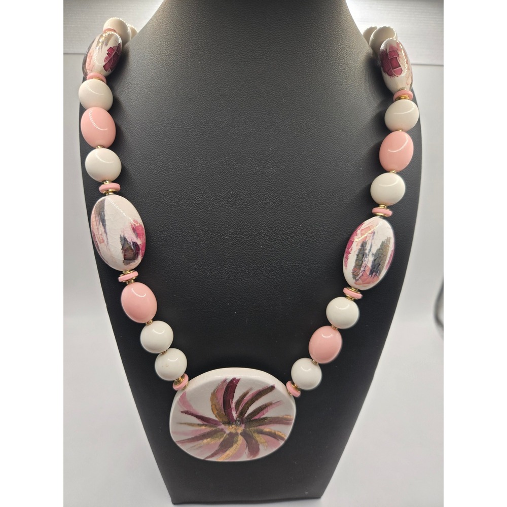 Vintage Japan Hand Painted Ceramic Bead Statement Necklace Pink White Floral